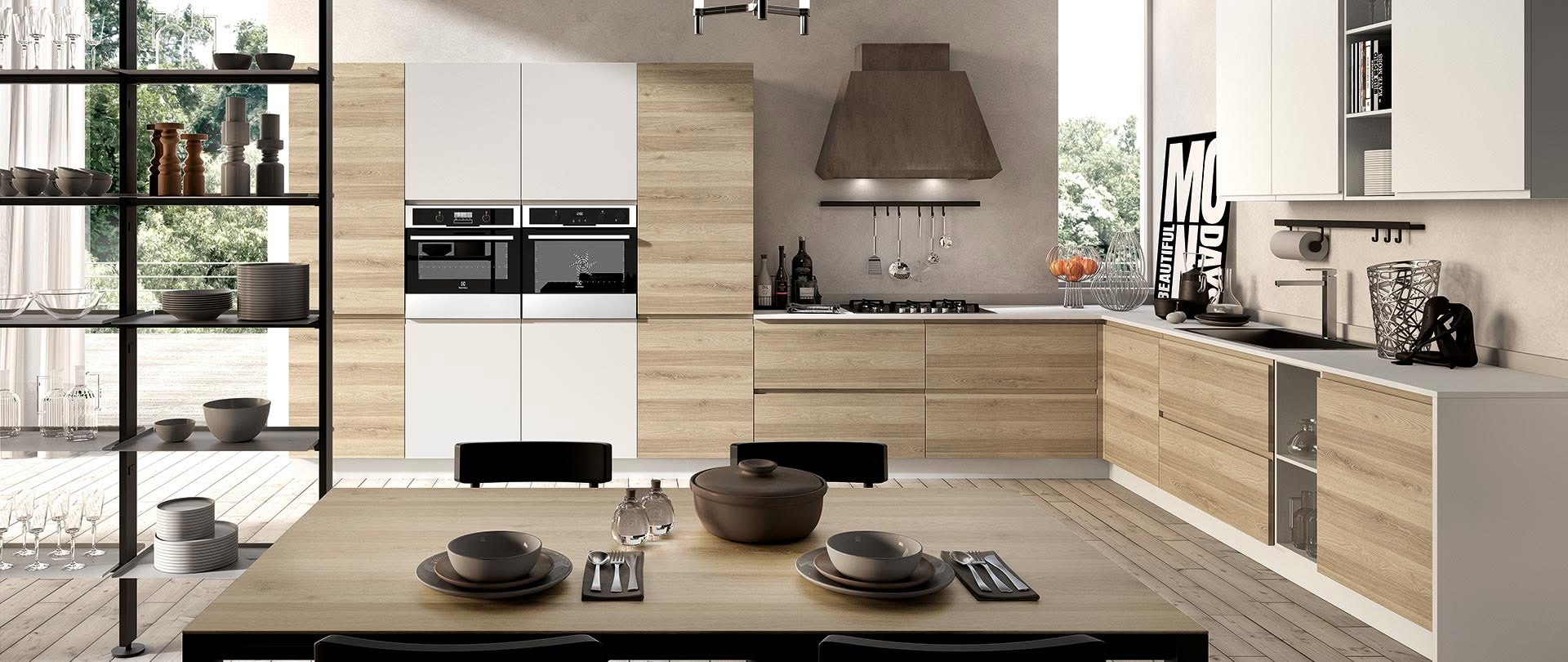 Cucina rovere e bianco con doppio forno