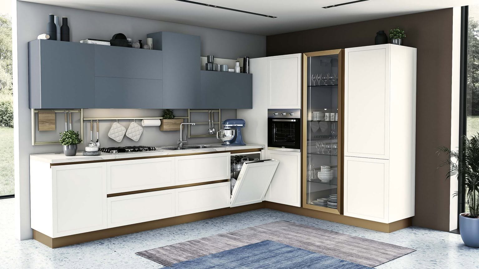 Cucina bianca e blu con dispensa a vista