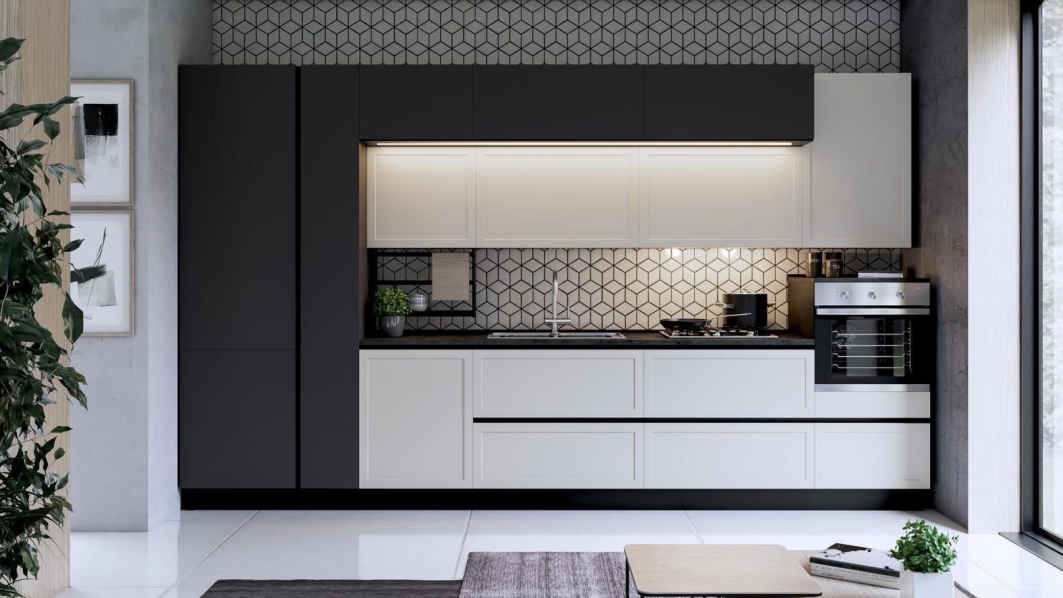 Cucina nera e bianca con boiserie geometrica